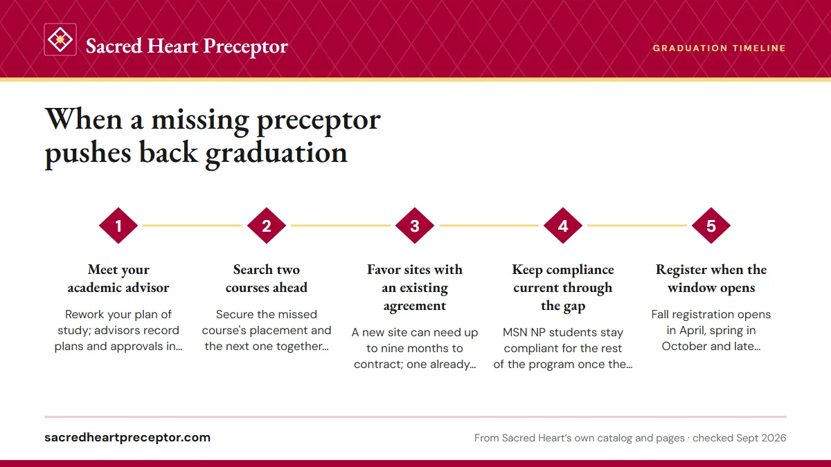 Numbered steps. Getting back on track: 1 Meet your academic advisor; 2 Search two courses ahead; 3 Favor sites with an existing agreement; 4 Keep compliance current through the gap; 5 Register when the window opens.