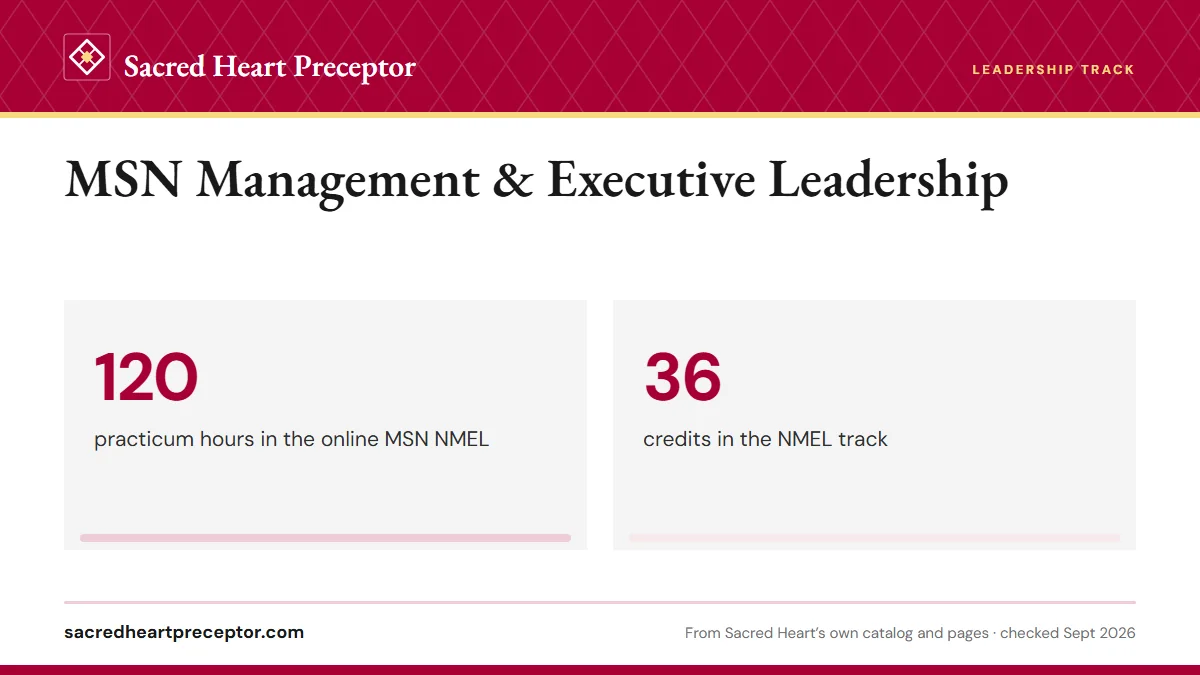 MSN Management & Executive Leadership. 120: practicum hours in the online MSN NMEL; 36: credits in the NMEL track.