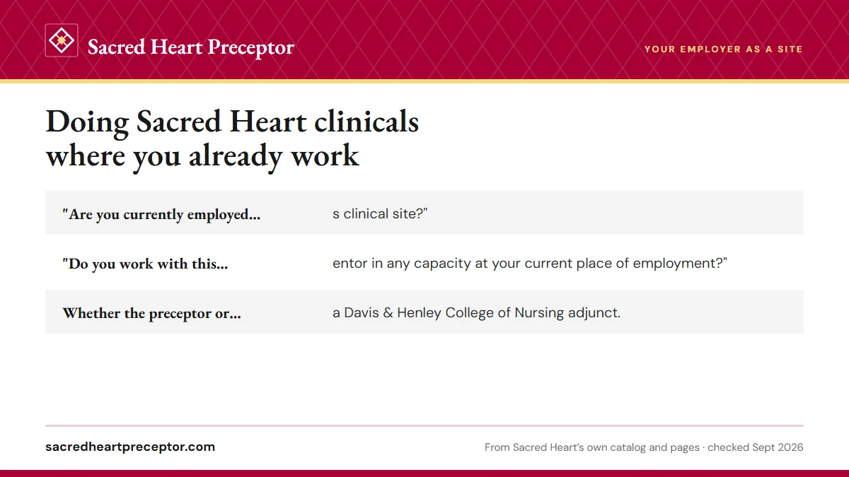 The employment questions on the form: "Are you currently employed at this clinical site?"; "Do you work with this preceptor/mentor in any capacity at y; Whether the preceptor or mentor is a Davis & Henley College .
