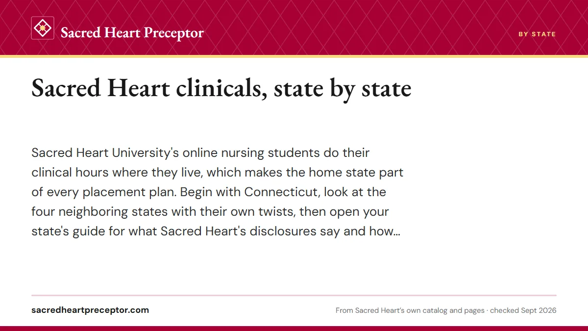 Sacred Heart clinicals, state by state. Sacred Heart University's online nursing students do their clinical hours where they live, which makes the home state part of every placement plan. Begin with C